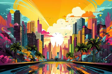 Vibrant urban landscape with colorful buildings, palm trees, and radiant sun. Urban life and architecture.