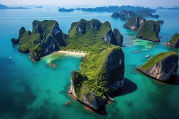 Stunning panorama of green-topped limestone formations amidst clear blue-green waters with floating vessels. Exotic tropical destination. - obrazy, fototapety, plakaty