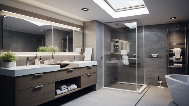 Spacious bathroom in gray tones with heated floors, walk in shower, double sink. generative ai