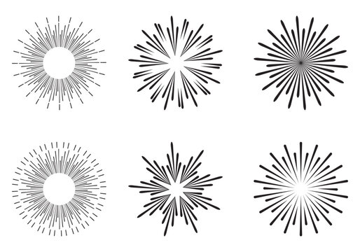 Radial sun burst. Sunburst radial stripes vector icon set. Starburst collection. Sun rise light round decoration elements. Vector illustration.