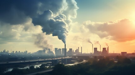 Industrial power plant with thick CO2 smoke from chimney. Pollution and carbon dioxide emissions footprint from fossil fuel burning. Global warming cause and urban environment problem from factories.