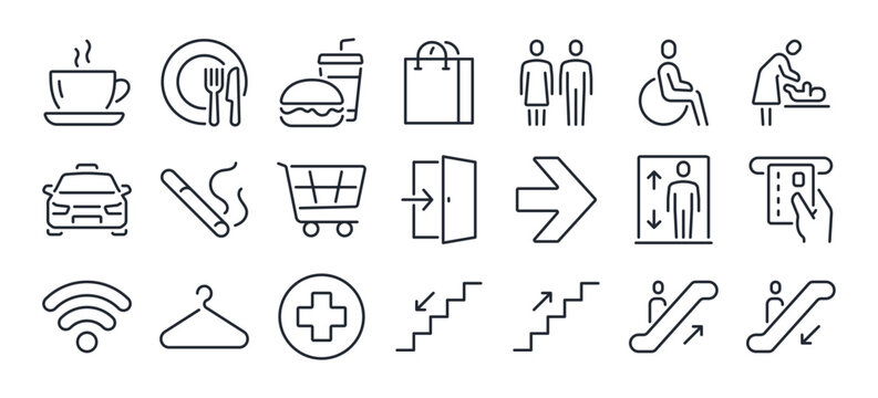 Toilet, food court, elevator, exit door and public navigation concept editable stroke outline icons set isolated on white background flat vector illustration. Pixel perfect. 64 x 64.