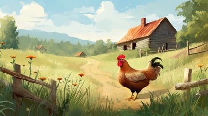 A chicken on a farm. - obrazy, fototapety, plakaty