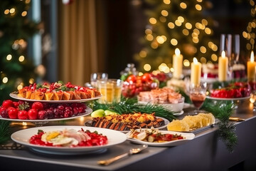 Christmas dinner table full of dishes with food and snacks, New Year's decor with a Christmas tree in the background