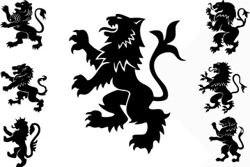 Royal heraldic black lions set editable vector isolated on white background. Easy to change color or size and use in designing logo, poster, banner or flyer. eps 10. - obrazy, fototapety, plakaty