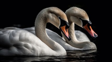 Beautiful white swans on the lake, black background, close-up. Wildlife Concept With Copy Space