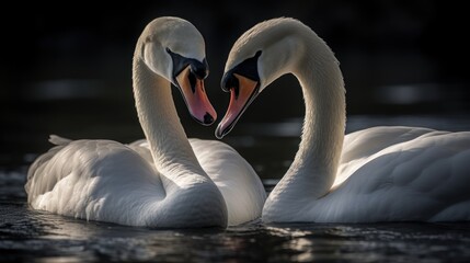 Two white swans on the water on a dark background. The mute swan, Cygnus olor. Wildlife Concept With Copy Space
