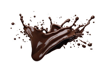 Piece of dark chocolate with splash of liquid chocolate on transparent background - obrazy, fototapety, plakaty