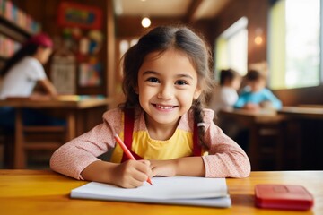 Happy little girl sitting at a table and drawing. Children's creativity and development concept.