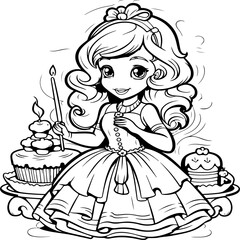 cute wide eyed princess sitting with a cake coloring page