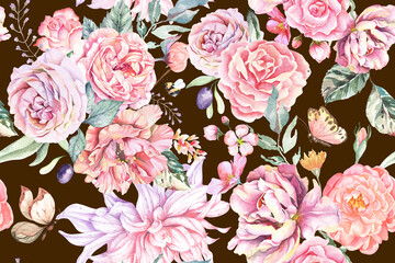 Rose seamless pattern with watercolor.Designed for fabric and wallpaper, vintage style.Blooming floral painting for summer.Botany  flower background.