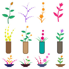Set of brightly colored plants and flowers in pots