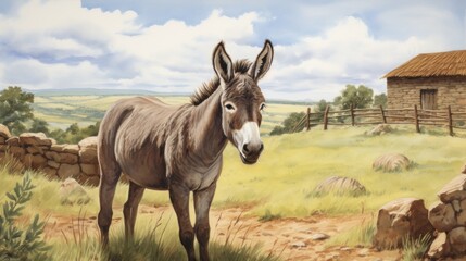 A donkey on a farm. Loving illustration for children