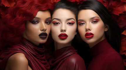 Fototapeta premium Close-up Red Lips: Model with Burgundy Lipstick, Autumnal Look, Cosmetic Detail.