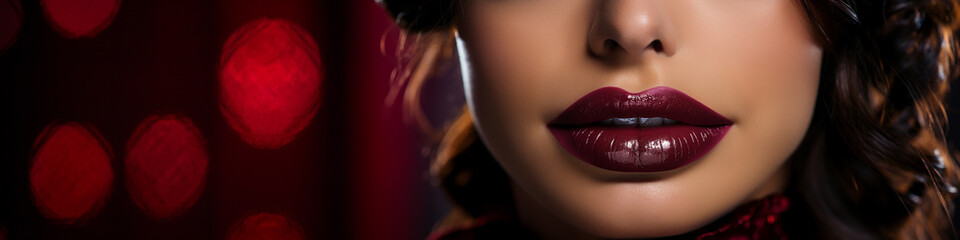 Fototapeta premium Close-up Red Lips: Model with Burgundy Lipstick, Autumnal Look, Cosmetic Detail.