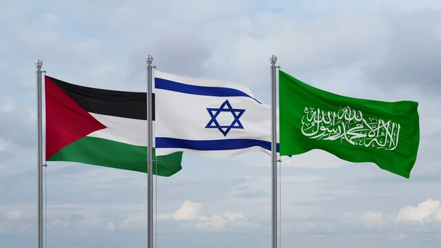 Palestine, Israel and Hamas flags waving in the wind