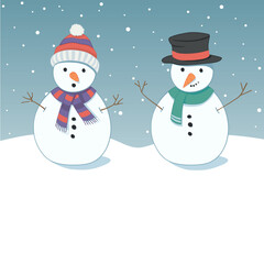 Snowman - one snowman in top hat with scarf, one in bobble hat and scarf. Standing on snowy hill against a snowy sky. Editable vector illustration.
