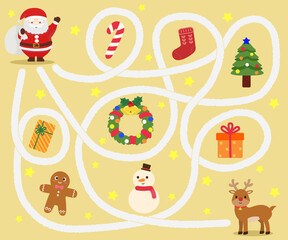 Maze puzzle game for children with cute christmas illustration. Kids labyrinth puzzle. Maze activity sheet for children.	