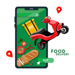 The concept of a food delivery service, a scooter or motorcycle with a yellow box flies off the smartphone screen, on the screen are food products, tomatoes, loaves, berries, peppers. Online store