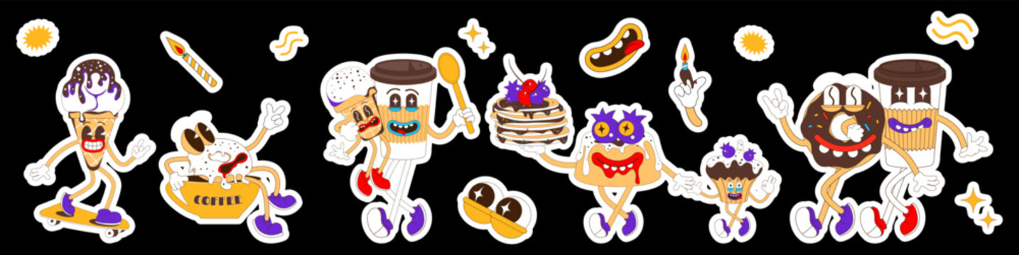 Set of sweets stickers. Cute donut, coffee, chocolate and ice cream characters in retro cartoon style.