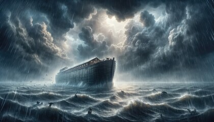 Noah's Ark amidst the pouring rain during the flood. - obrazy, fototapety, plakaty