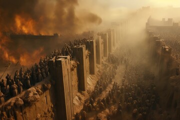 The Battle of Jericho. The walls of Jericho collapsing as the Israelites march around them. - obrazy, fototapety, plakaty