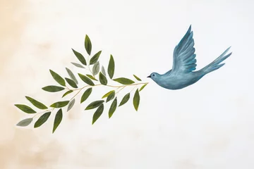 Fotobehang Branch of olive tree with blue dove on grunge paper background © Faith Stock