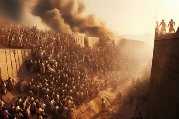 The Battle of Jericho. The walls of Jericho collapsing as the Israelites march around them. - obrazy, fototapety, plakaty