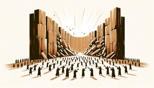 The Battle of Jericho. The walls of Jericho collapsing as the Israelites march around them. Vector illustration