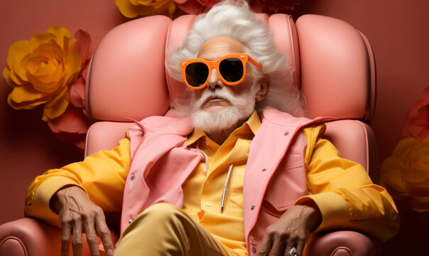 Studio shot of serious senior man with white beard in colorful winter outfit with sunglasses 
