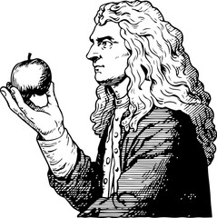Cartoon character of Sir Isaac Newton looking at apple outline - obrazy, fototapety, plakaty