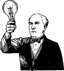 Cartoon character of Thomas Edison holding a light bulb outline