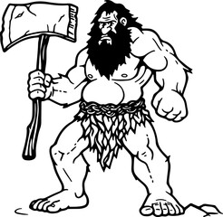 Cartoon caveman holding stone axe outline
