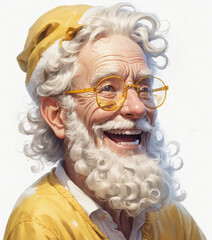 grandfather santa with a curly beard laughs, drawing