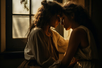 Lesbian couple kissing in the window wearing rustic vintage clothes