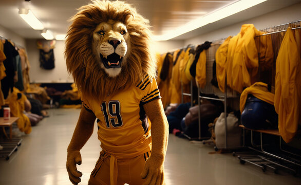 A lion in the image of an American football player in the sports locker room after the game. Generative AI.