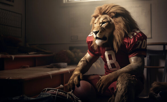 A lion in the image of an American football player in the sports locker room after the game. Generative AI.
