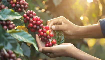 Hands collecting the coffee harvest - obrazy, fototapety, plakaty