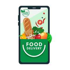 Eco product delivery concept. smartphone on screen eco products. Delivery of healthy food. Vector