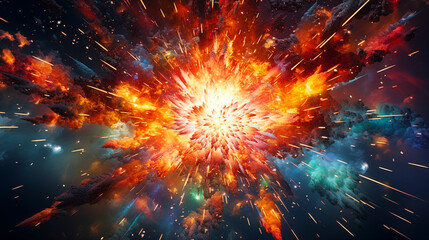Fototapeta na wymiar Beautiful anime style space explosion background, scenic cartoon blast with fire and particles