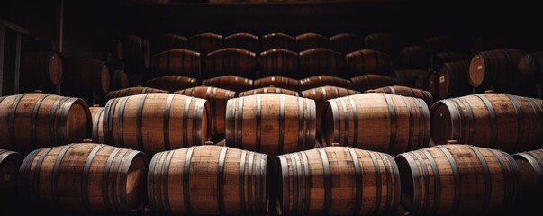 wine barrels stacked in a dark room Generative AI - obrazy, fototapety, plakaty