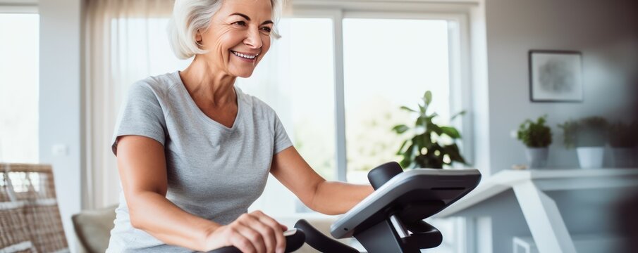Cropped picture of a smiley mature Scandinavian woman during workout on a smart exercise bike at home. She smiling and looking at camera. A scientific approach to training for maximum performance.