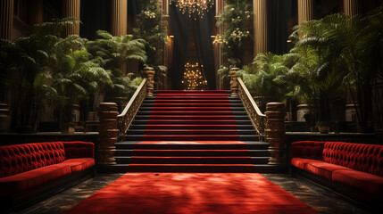 A staircase mockup in a theater with a red carpet - obrazy, fototapety, plakaty
