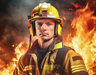 Young male firefighter standing in the smoke and gentle fire, Portrait of a firefighter in uniform