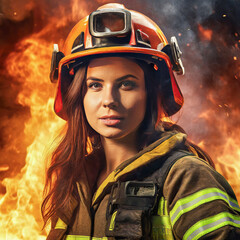 Young woman firefighter standing in the smoke and gentle fire, Portrait of a firefighter in uniform