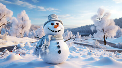 A cute smiling snowman in a gray scarf and gray hat on a snowy clearing with a snowy landscape in the background. Festive wallpaper concept. Background or wallpaper with copy space. AI generated.