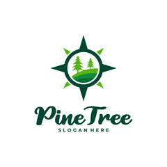 Pine Tree with Compass logo design vector. Creative Pine Tree logo concepts template