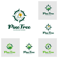 Set of Pine Tree with Compass logo design vector. Creative Pine Tree logo concepts template