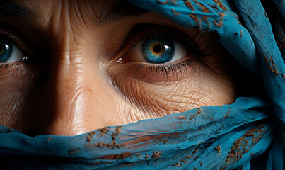Senior muslim woman with blue eyes and wrinkles looking at camera wearing traditional hijab​