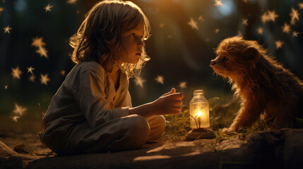 Young girl with lion cub, enchanting forest illuminated by stars. Magic and fantasy.
